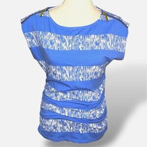 Michael Kors blue & white striped zipper shoulder cap sleeve tee shirt Medium